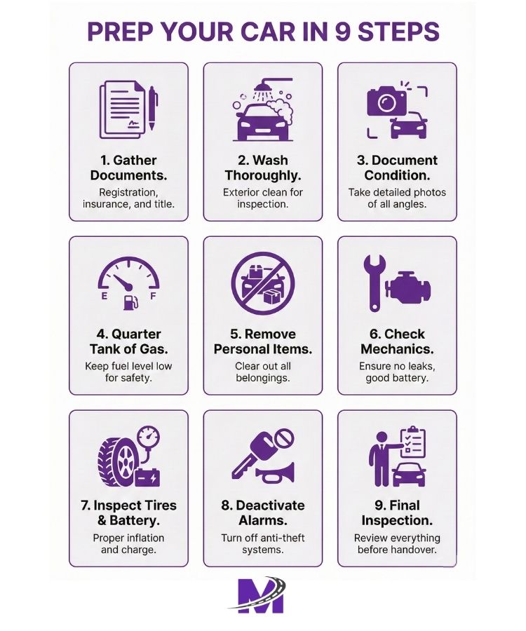 Monarch Article Image (10) 9-step visual checklist for preparing a car for cross-country shipping.
