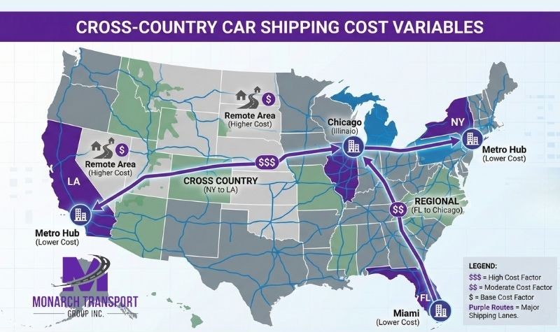 Header image - Blog Article - 11 Map of USA showing factors affecting cross-country car shipping costs and routes.