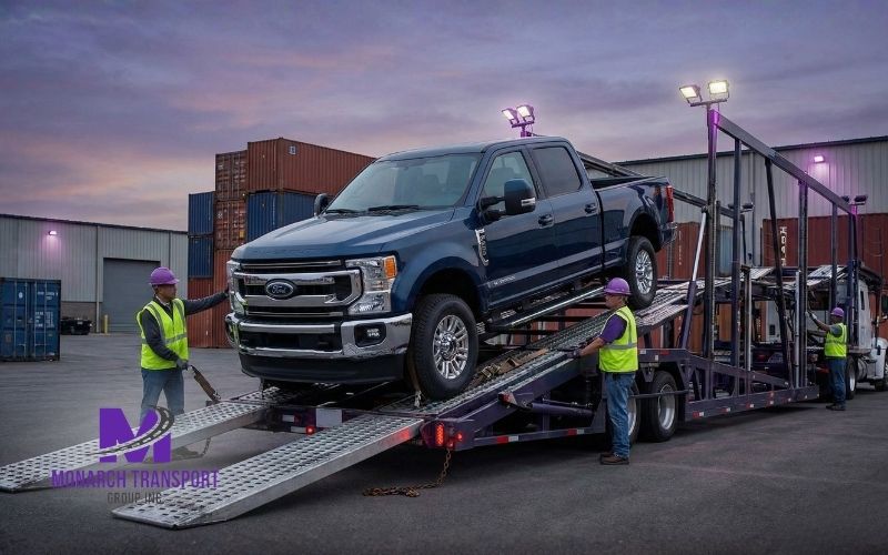 Monarch Article Image (4) Heavy-duty truck being loaded onto a car transport carrier for shipping.