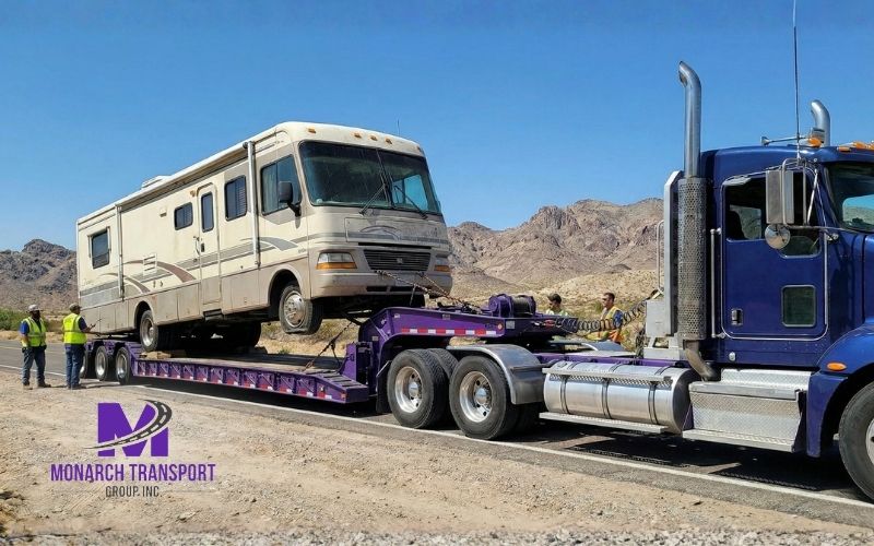 Monarch Article Image (8) Specialized lowboy trailer loading a heavy Class A motorhome for rescue transport.