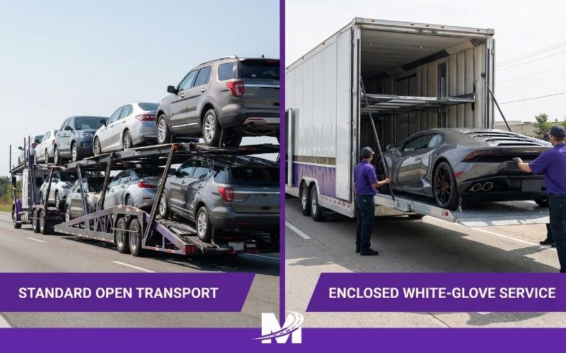 Monarch Article Image (9) Side-by-side comparison of open car transport trailer versus enclosed luxury car shipping.