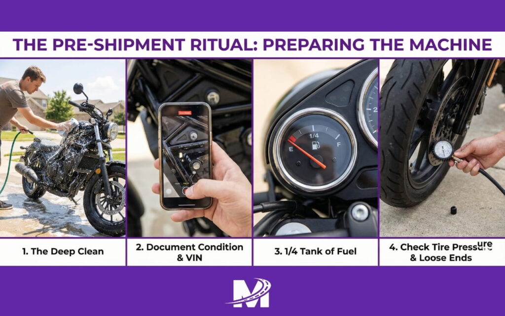 How to Ship a Motorcycle Safely 2026 Guide (1) Stages of preparing a motorcycle for shipment: washing, fixing the condition and checking the fuel.