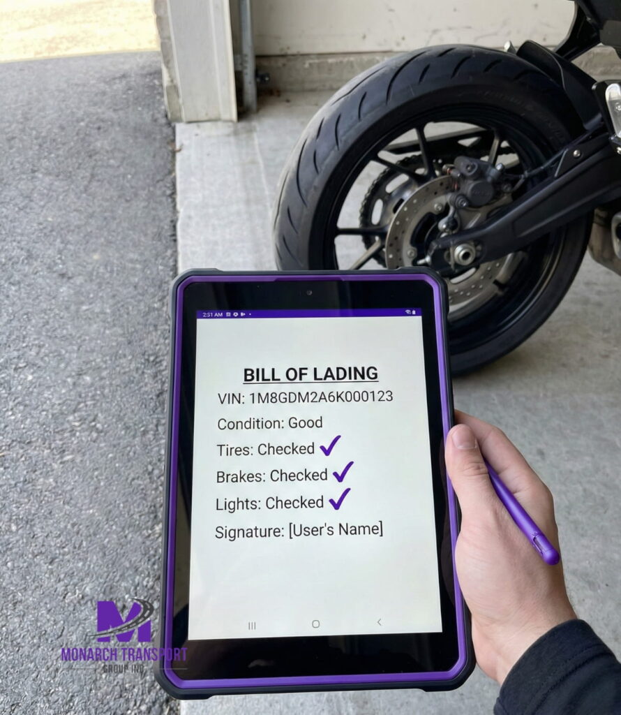 How to Ship a Motorcycle Safely 2026 Guide (2) Checking and signing the bill of lading when receiving the motorcycle.