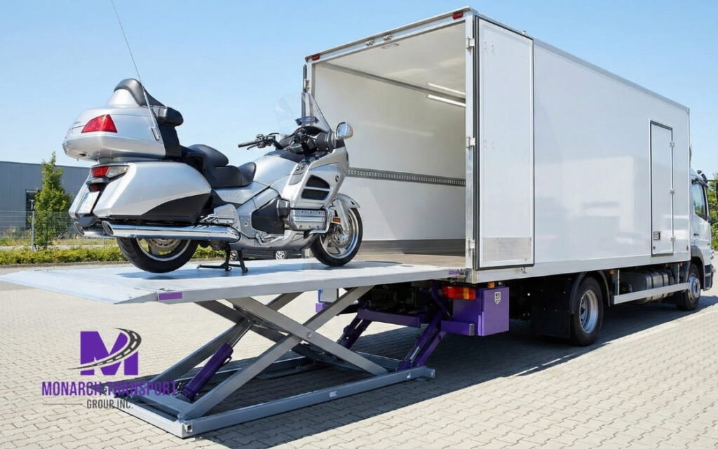 How to Ship a Motorcycle Safely 2026 Guide (6) Using a professional hydraulic lift to safely load a bike.