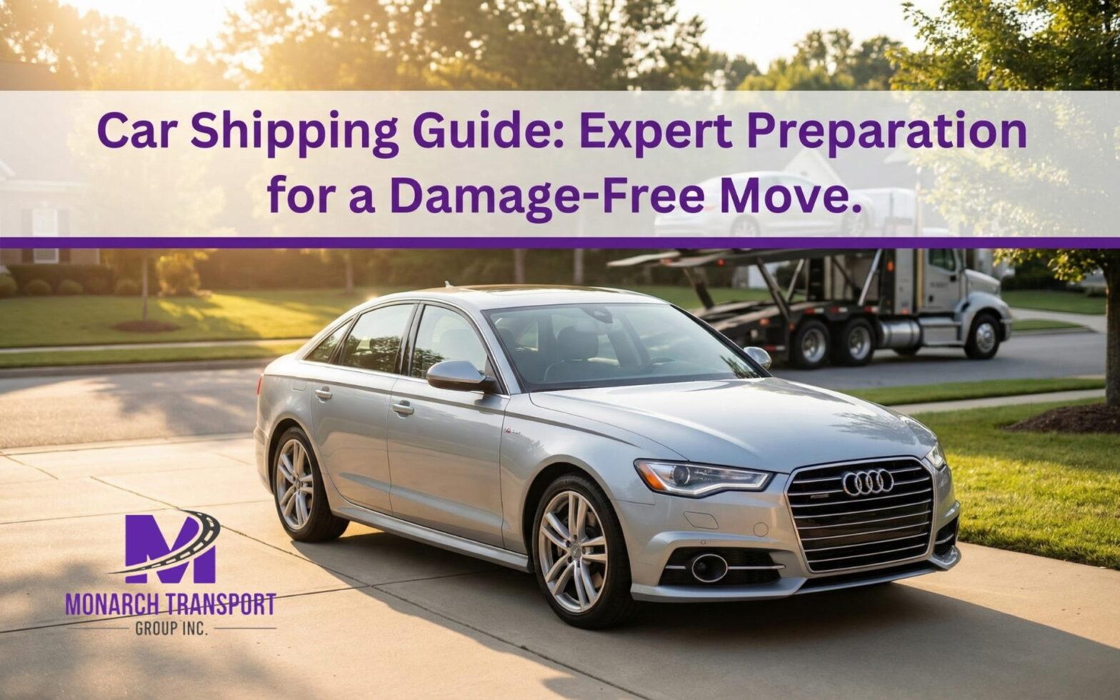 A clean silver car parked in a bright, sunlit driveway, ready for transport with a carrier in the background.