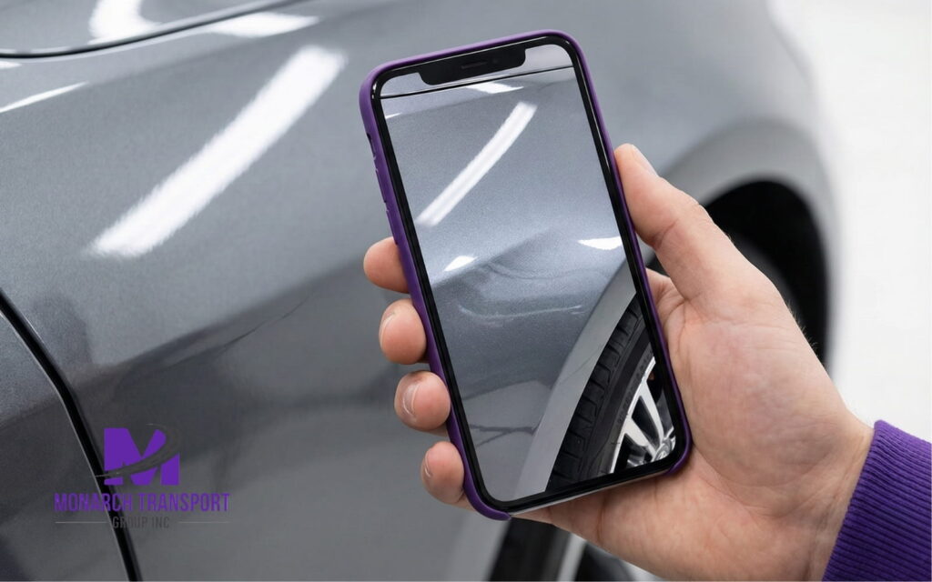Monarch - Blog Article Illustrations How to Prepare Your Car for Shipping 3 A person using a smartphone to take detailed, high-resolution photos of a car’s exterior condition before loading.