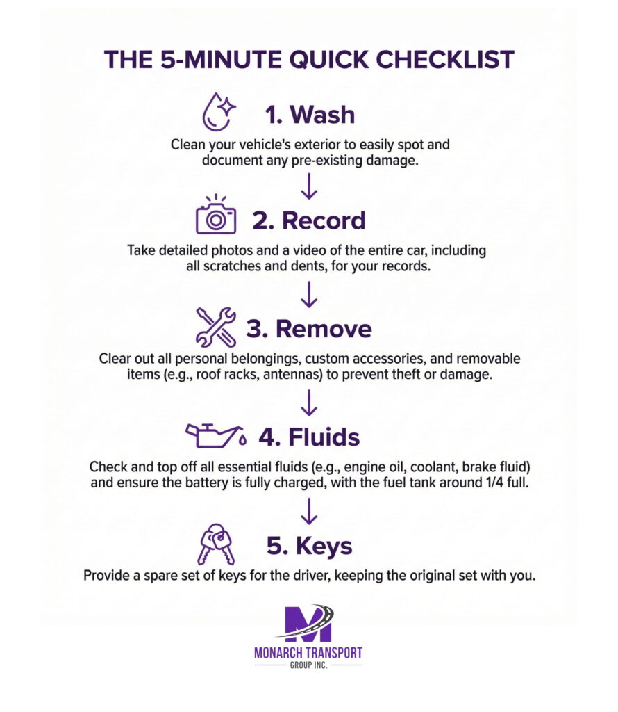 Monarch - Blog Article Illustrations How to Prepare Your Car for Shipping 4 A simplified visual checklist for car shipping preparation featuring five essential steps with purple icons.