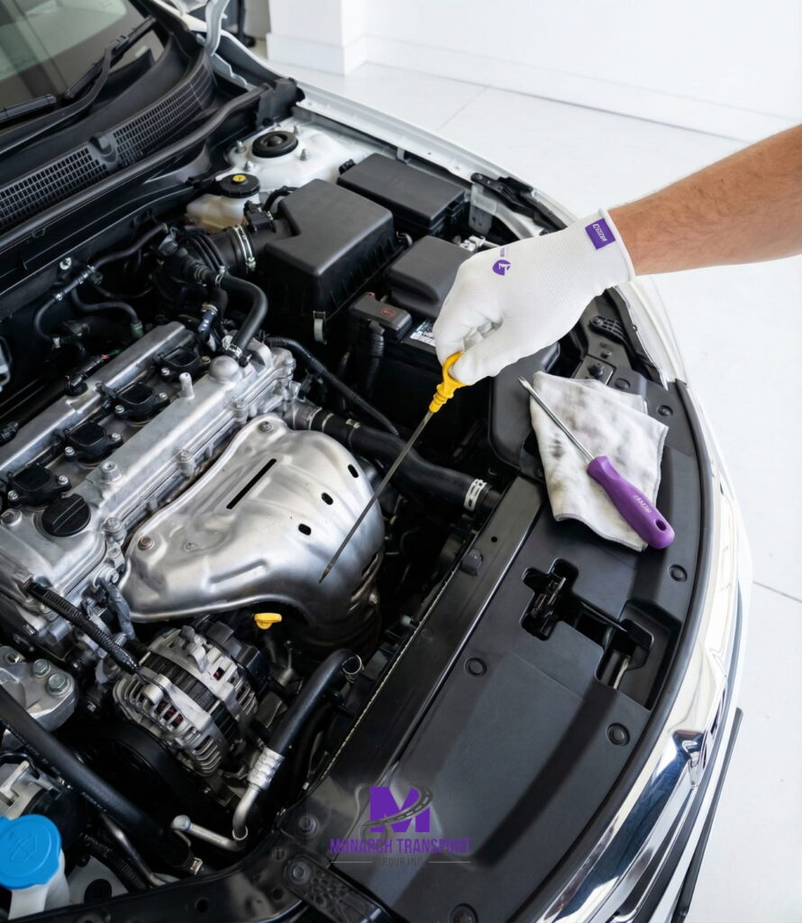 Monarch - Blog Article Illustrations How to Prepare Your Car for Shipping 5 A mechanic or owner checking fluid levels and battery strength under the hood of a car for seasonal transport readiness.