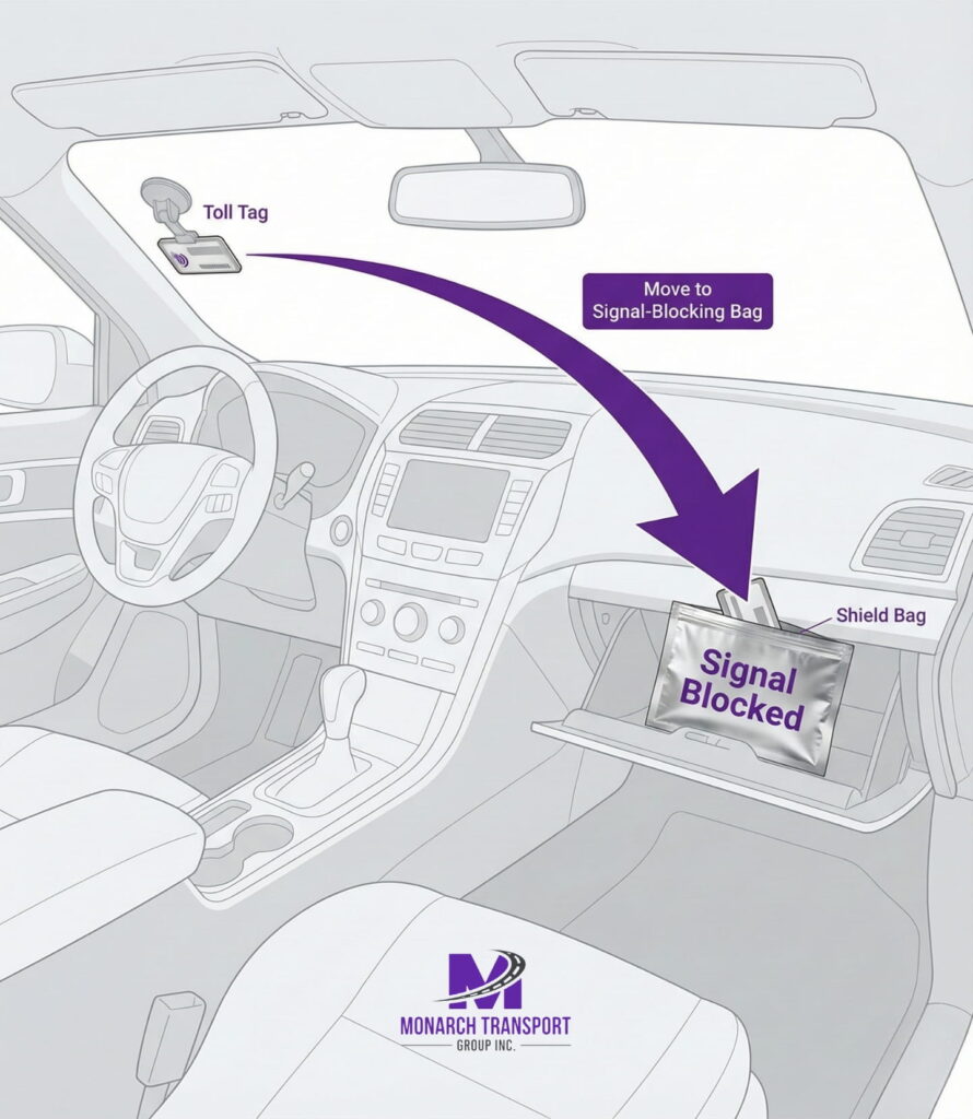 Monarch - Blog Article Illustrations How to Prepare Your Car for Shipping 6 Diagram showing how to remove a toll transponder from the windshield and place it in a signal-blocking bag.