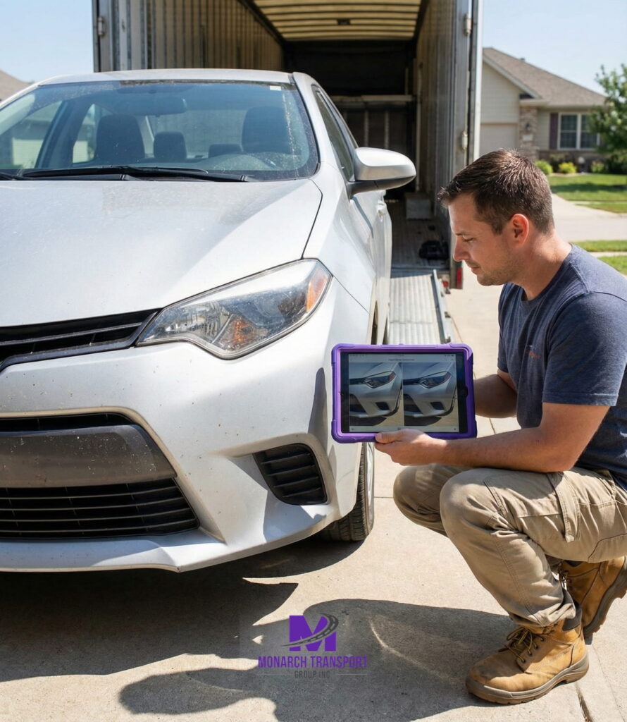 Monarch - Blog Article Illustrations How to Prepare Your Car for Shipping 7 A car owner performing a final 360-degree inspection of their vehicle upon delivery to ensure no transit damage occurred.