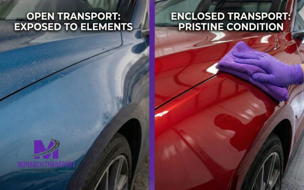 Monarch - Blog Article Illustrations Open vs. Enclosed Auto Transport 3 Macro comparison of a car's paint surface after open transport versus the pristine condition after enclosed shipping.