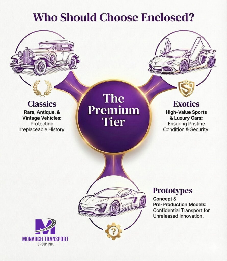 Monarch - Blog Article Illustrations Open vs. Enclosed Auto Transport 5 Visual guide showing specific vehicle types that require enclosed auto transport services for maximum security.