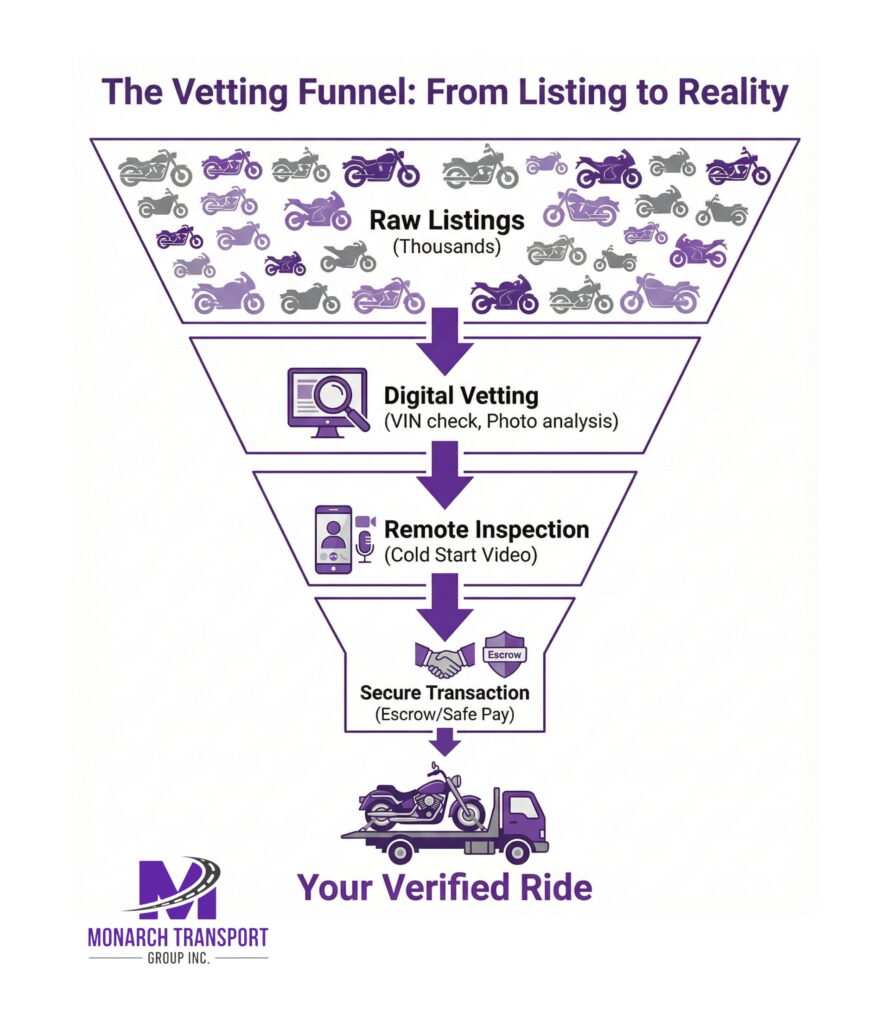 Best Places to Buy a Motorcycle Online in the USA (3) Infographic illustrating the step-by-step process of vetting an online motorcycle purchase, from listing to delivery.