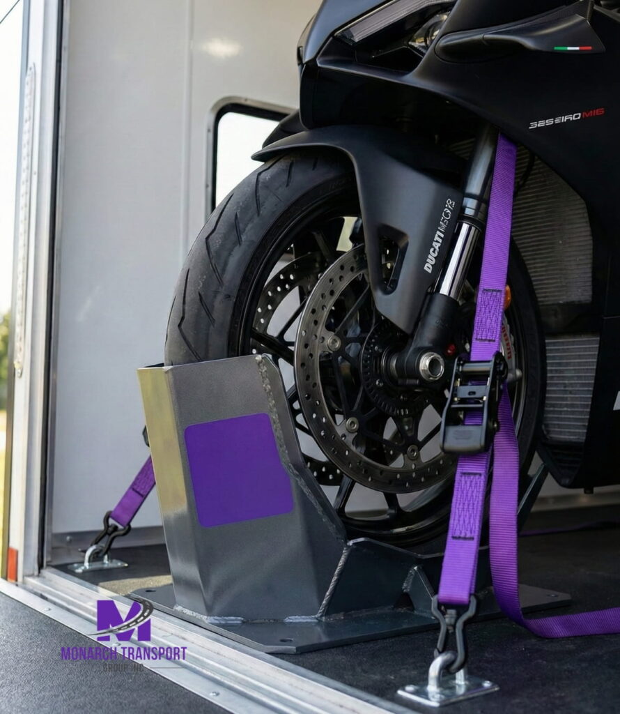 Best Places to Buy a Motorcycle Online in the USA (6) Close-up of a motorcycle front wheel securely fastened with specialized soft-tie straps and a wheel chock inside a transport trailer.