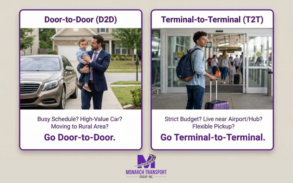 Door-to-Door vs. Terminal-to-Terminal (1) Decision matrix for choosing between D2D and T2T car transport based on vehicle value, budget, and geographical location.
