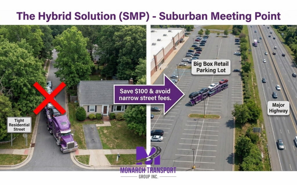 Door-to-Door vs. Terminal-to-Terminal (2) Map diagram explaining the Suburban Meeting Point (SMP) strategy for car shipping near major highways to avoid residential access surcharges.