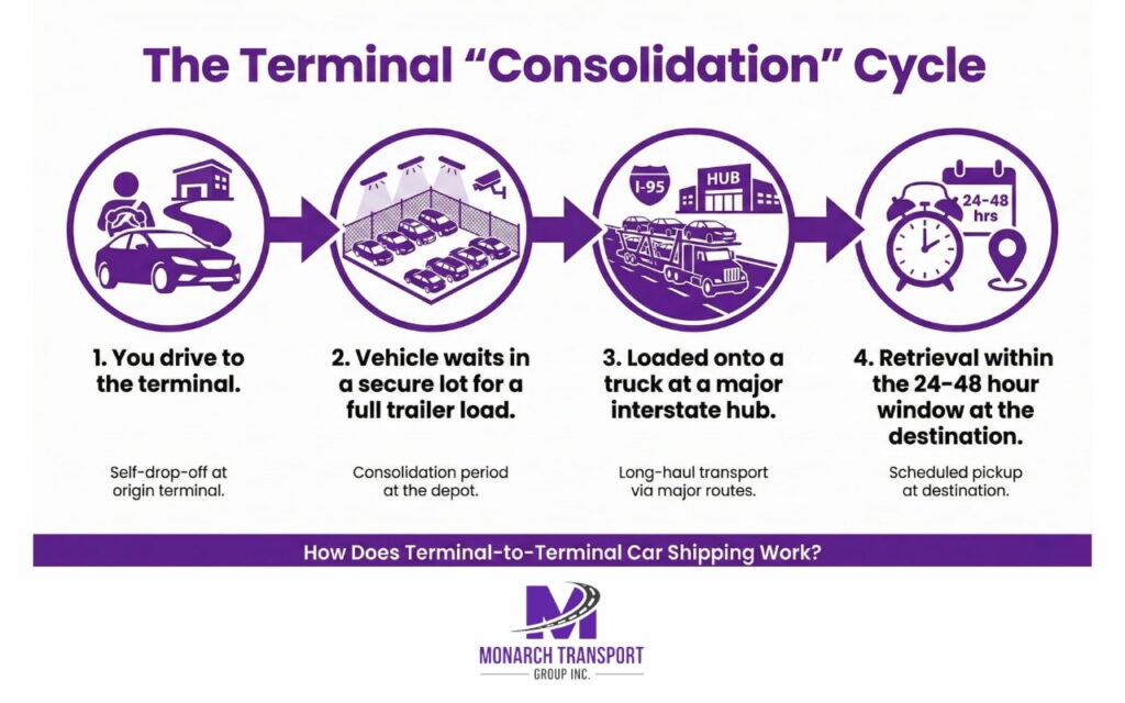 Door-to-Door vs. Terminal-to-Terminal (3) Terminal-to-terminal car shipping logistics cycle including self-drop-off, vehicle consolidation at a depot, and scheduled retrieval.