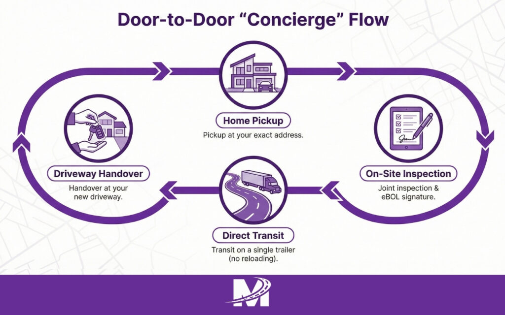Door-to-Door vs. Terminal-to-Terminal (6) Step-by-step door-to-door auto transport process flow showing home pickup, on-site inspection, and direct delivery.