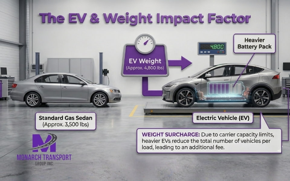 How Much Does It Cost to Ship a Car Between States (2) llustration explaining how electric vehicle weight impacts auto transport costs and trailer capacity in 2026.