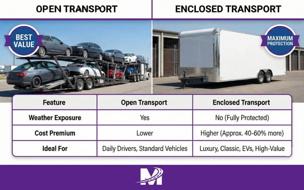How Much Does It Cost to Ship a Car Between States (5) Side-by-side comparison of open-carrier and enclosed-trailer car shipping methods with pricing highlights.