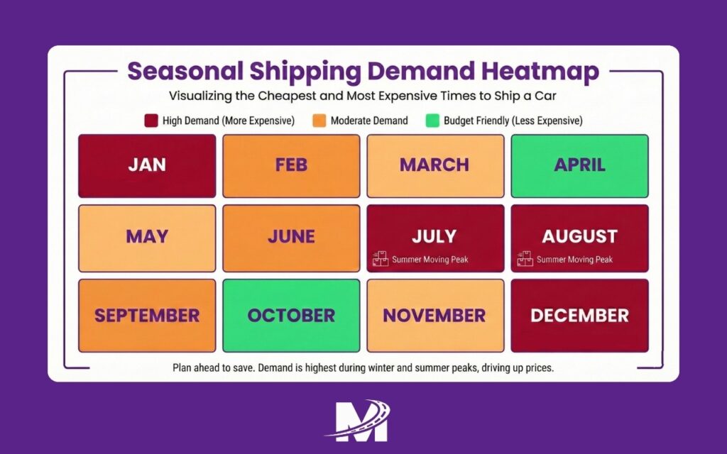 How Much Does It Cost to Ship a Car Between States (7) (1) Seasonal car shipping price heatmap showing the most expensive and cheapest months to move a vehicle in the US.