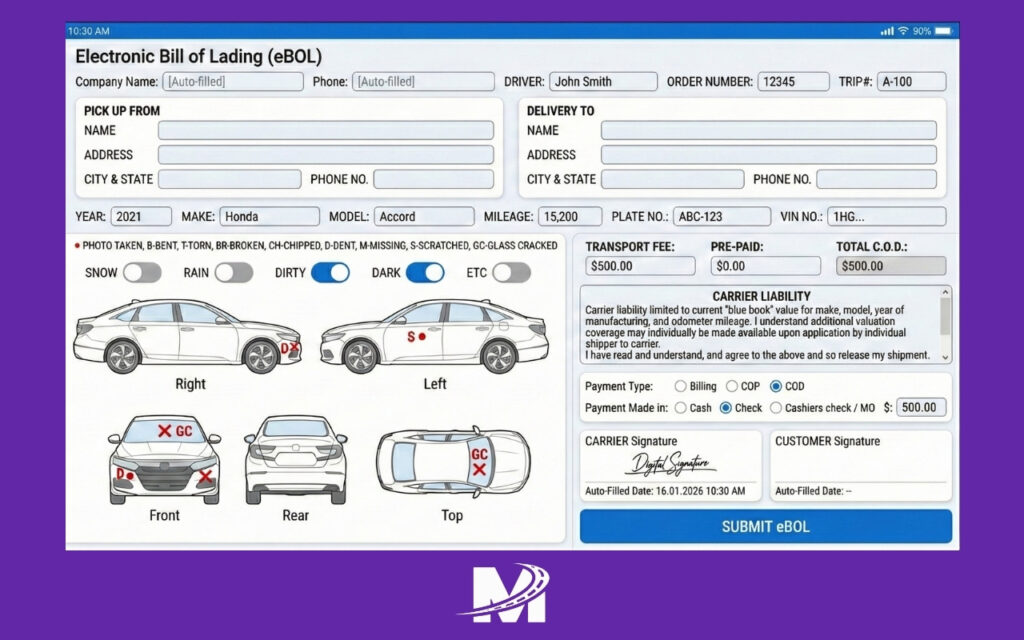 How State-to-State Car Transport Works (3) The process of signing an electronic Bill of Lading (eBOL) on a tablet during a car inspection.