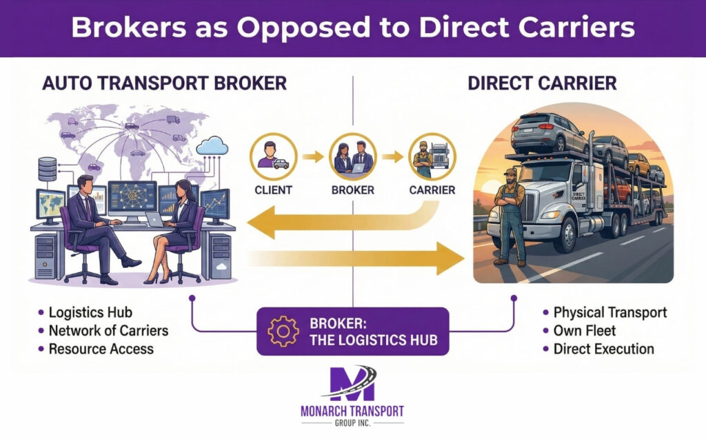 How State-to-State Car Transport Works (6) Infographic explaining the difference and interaction between a trucking broker and a direct carrier.