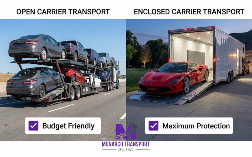 How State-to-State Car Transport Works (7) Visual comparison of open and enclosed types of car transportation.