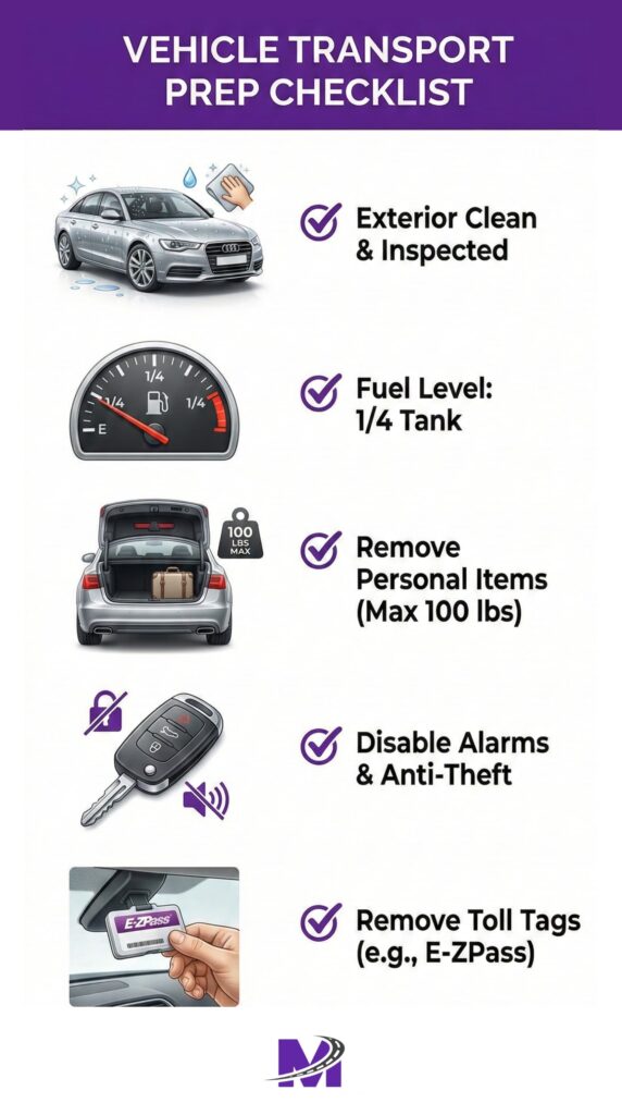 How State-to-State Car Transport Works (9) A visual checklist for preparing a car for interstate transportation.