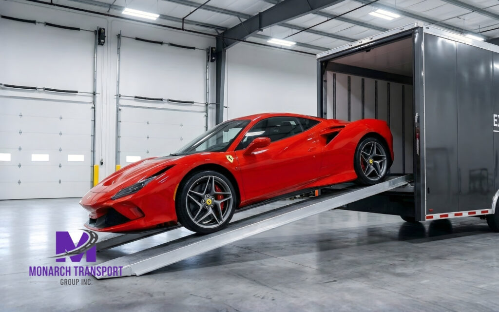 Enclosed Car Shipping The Gold Standard for Luxury and Exotic Vehicle Transport (3) Low-clearance exotic car loaded safely using hydraulic lift gate inside enclosed trailer