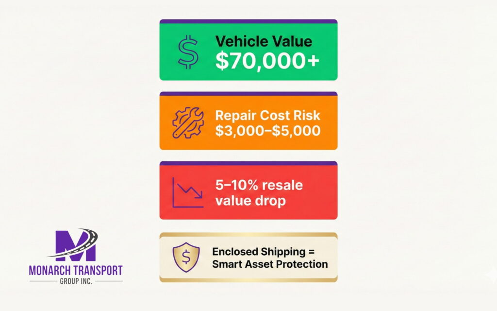 Enclosed Car Shipping The Gold Standard for Luxury and Exotic Vehicle Transport (5) "Infographic showing cost comparison between potential vehicle damage and enclosed transport premium
