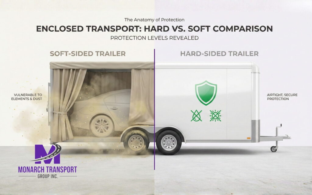 Enclosed Car Shipping The Gold Standard for Luxury and Exotic Vehicle Transport (6) Comparison between soft-sided and hard-sided enclosed car transport trailers