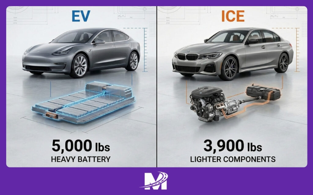 How to Ship Your Electric Vehicle (EV) Safely in 2026 (3) "Comparison of electric vehicle battery weight versus internal combustion vehicle weight"