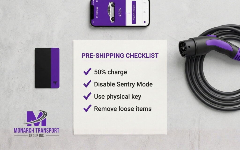 How to Ship Your Electric Vehicle (EV) Safely in 2026 (5) "Electric vehicle shipping preparation checklist including key card and charging cable"