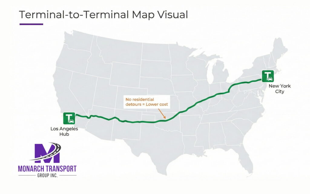 Monarch -Cross-Country Car Shipping (1) Map showing terminal-to-terminal cross-country car shipping route between major cities