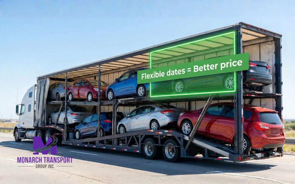 Monarch -Cross-Country Car Shipping (3) Open auto transport trailer with one remaining vehicle spot highlighting flexible scheduling savings
