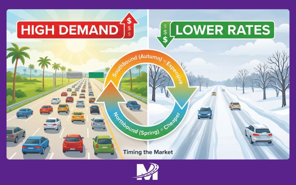 Monarch -Cross-Country Car Shipping (4) Seasonal car shipping demand comparison showing higher summer rates and lower winter rates