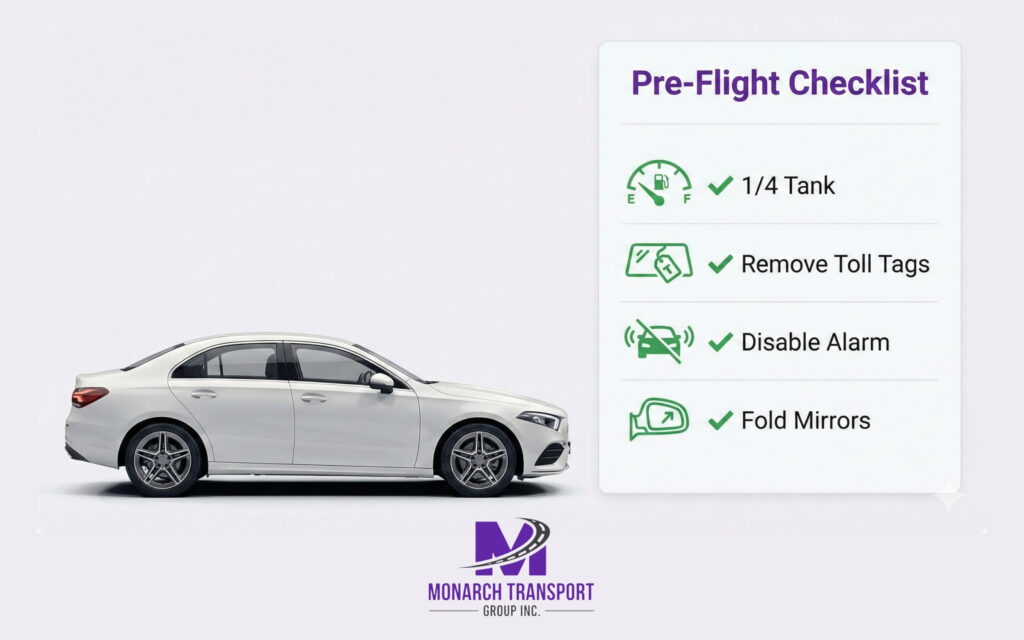Monarch -Cross-Country Car Shipping (6) Car shipping preparation checklist including fuel level, alarm disable, and mirror folding