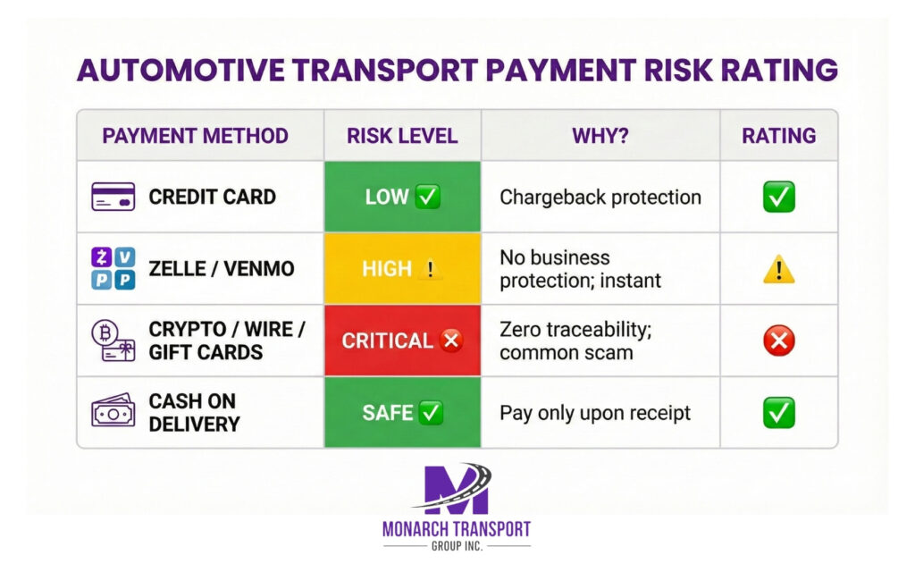 Monarch - How to Spot and Avoid Car Shipping Scams in 2026 (11) Automotive Payment Methods Infographic with Fraud Risk Rating