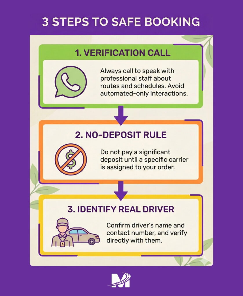 Monarch - How to Spot and Avoid Car Shipping Scams in 2026 (6) 3 steps infographic for safe booking of car transportation
