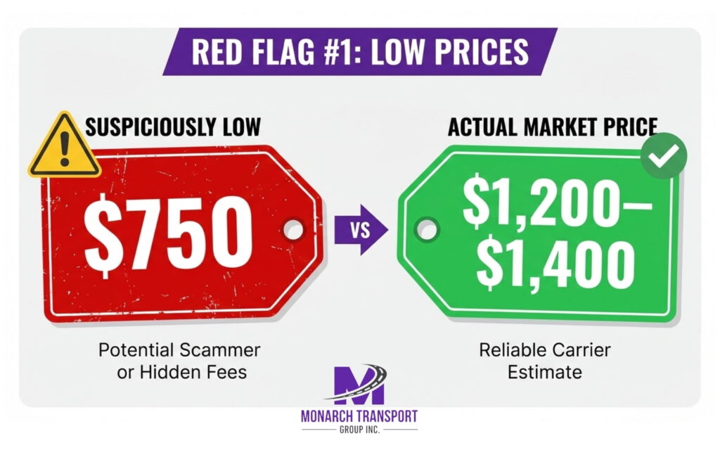 Monarch - How to Spot and Avoid Car Shipping Scams in 2026 (7) Comparison of suspiciously low price and actual market price for auto transport.