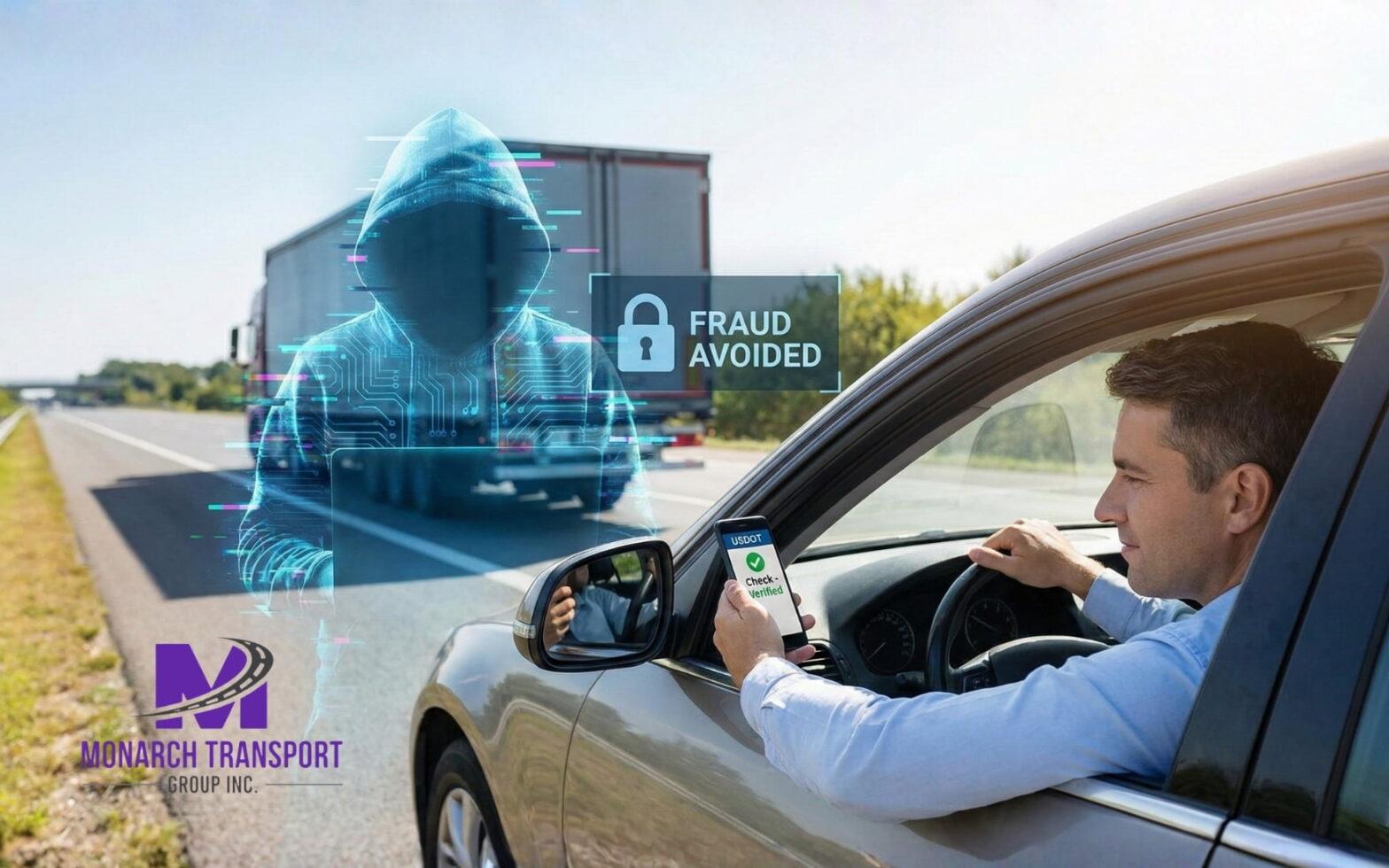 Driver checks the trucking company on his smartphone to avoid fraud in auto transportation