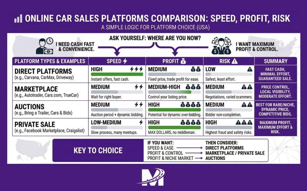 comparison of online car platforms speed profit risk chart USA