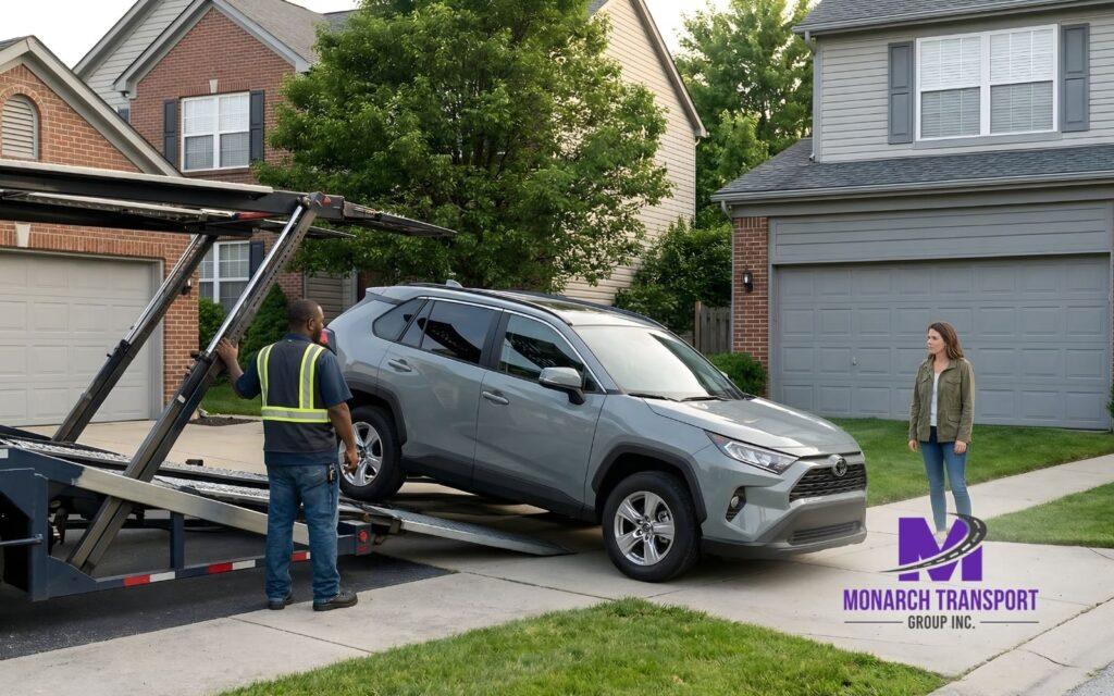 car delivery truck unloading SUV at suburban home after online car purchase USA
