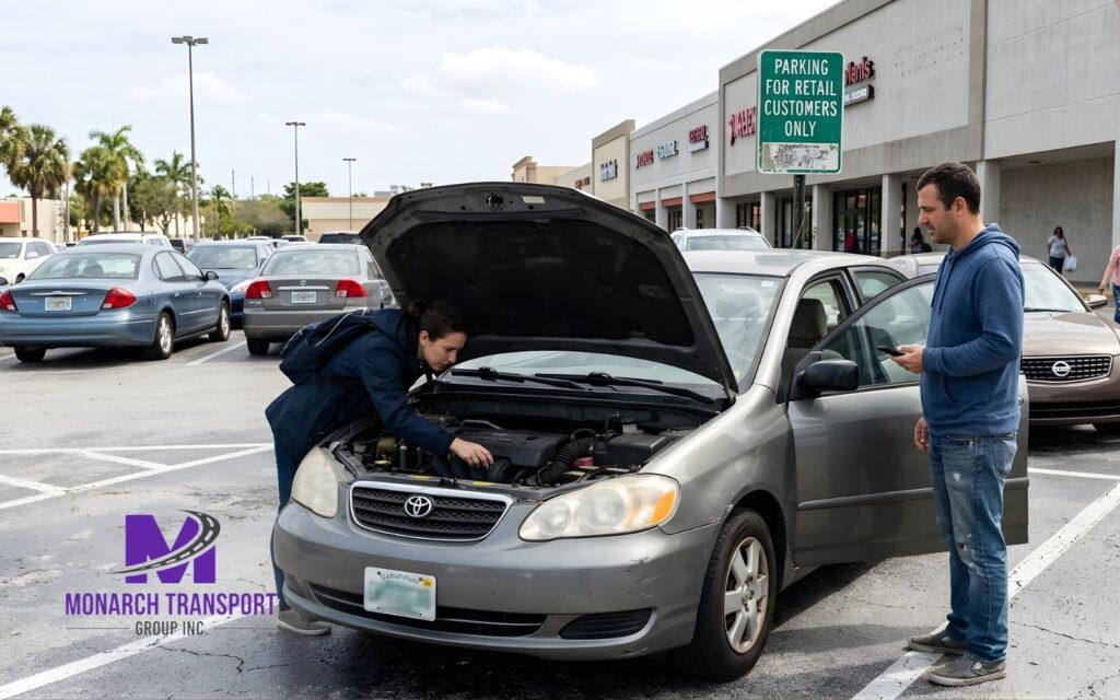 buyer inspecting used car with seller in parking lot USA private sale Facebook Marketplace