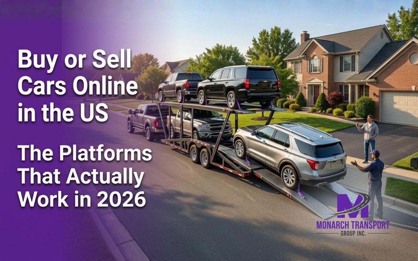 car delivery in US suburb auto transport truck unloading SUV driveway