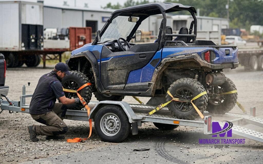 UTV is securely secured to an open-air trailer for transport