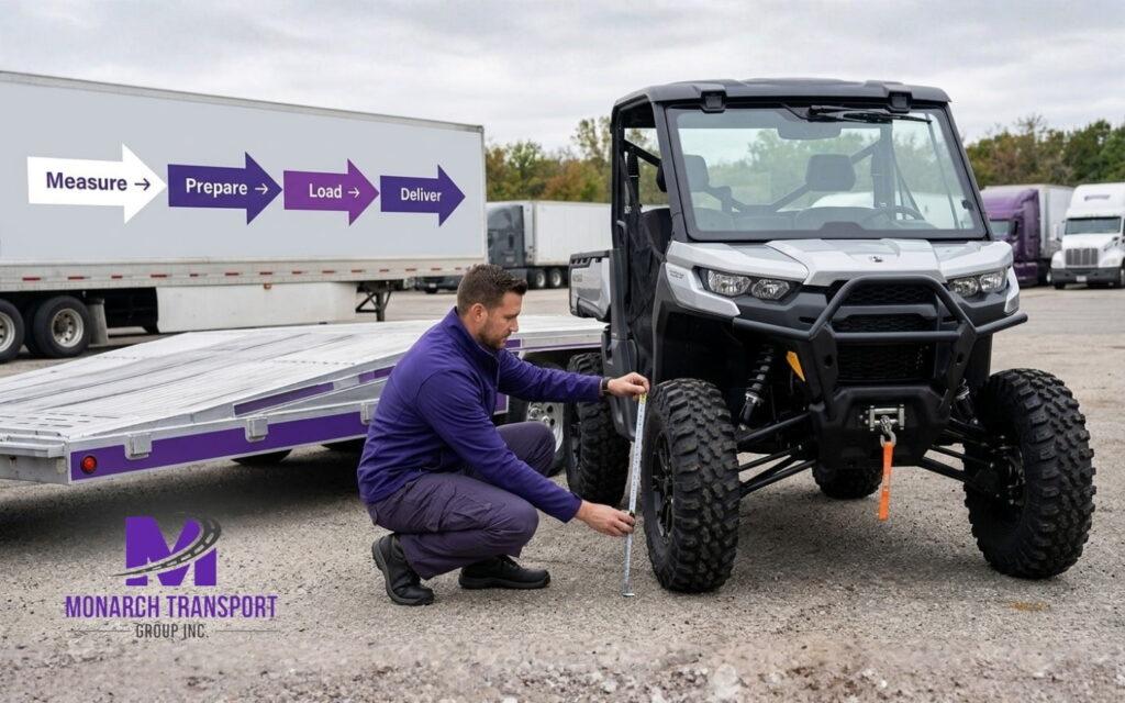 ATV/UTV owner inspects vehicle before loading onto trailer for safe transportation.