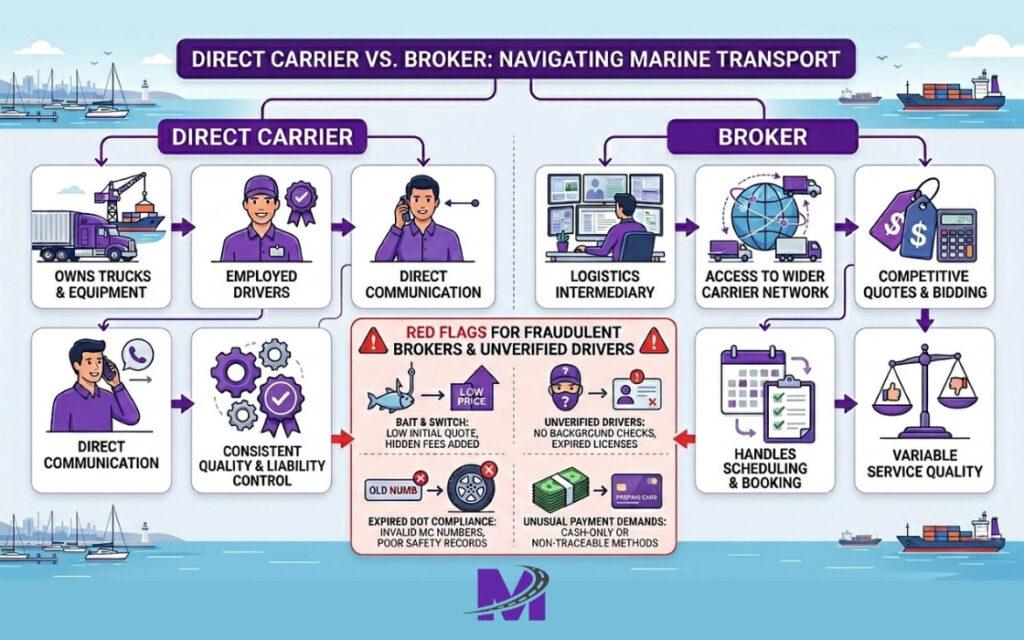 Diagram showing direct carrier versus broker selection and red flags