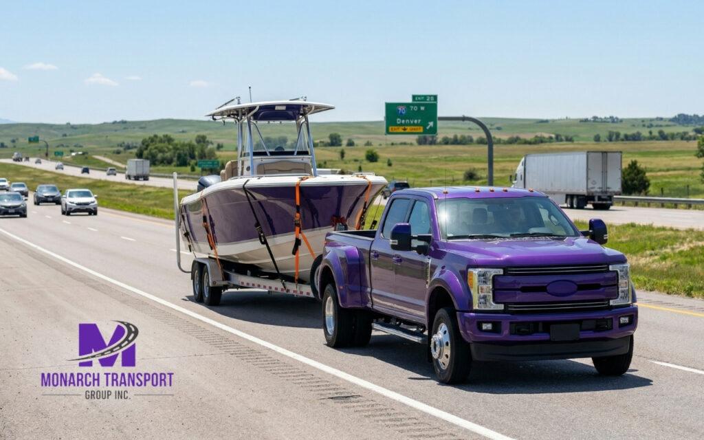 Purple heavy-duty truck transporting a secured boat on a trailer along a US interstate highway in daylight